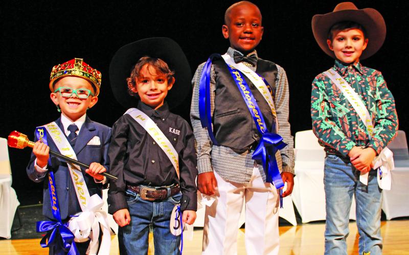Sentinel Photo/Jessica Shepard Crowned as the 2023 Little Mister Rice Festival, Dawson Childers, left, is featured with his 1st runner-up Kase Gonzales, 2nd runner-up Jh'Esiah Glaspy, and 3rd Runner-up Mason Smith.