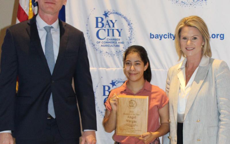 Matagorda ISD Student of the Year Angel Vargas with Matt Gullett and Danyel Biggerstaff.