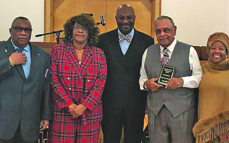 Contributed photo Pictured from left are: Minister Thomas Swift, Cheryl Rutherford, Minister Jerry Manning, Honoree: Pastor  Ruben Newell and Donnye Massey Stone.