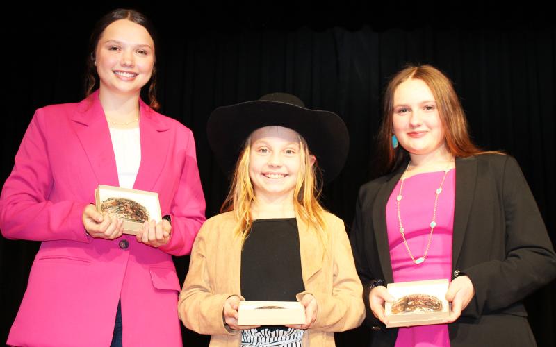 Sentinel Photo/Jessica Shepard Winners of the Matagorda County Fair &amp; Livestock Association’s annual Public Speaking contest were awarded buckles on Sunday, Feb. 25. From left are Ansley Kubecka, Hayden Joines, and Taelynn Tinnin.