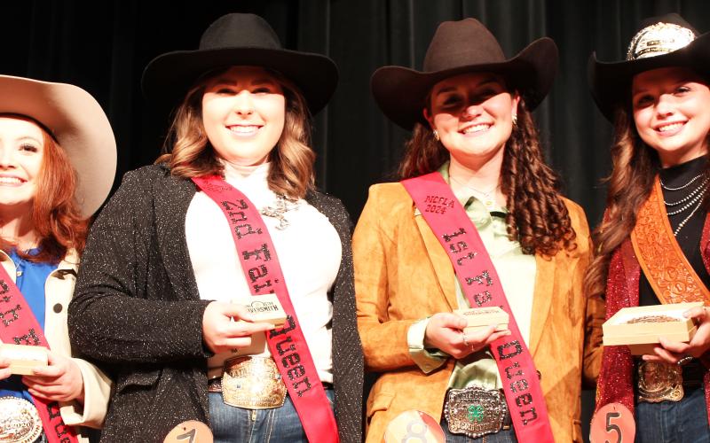 Sentinel Photo/Jessica Shepard MCFLA's 2024 Fair Queen royalty court includes, from left, third runnerup Emily Rodgers; second runnerup Lesley Hoffman; first runnerup Victoria Sliva, and Fair Queen Ansley Kubecka.
