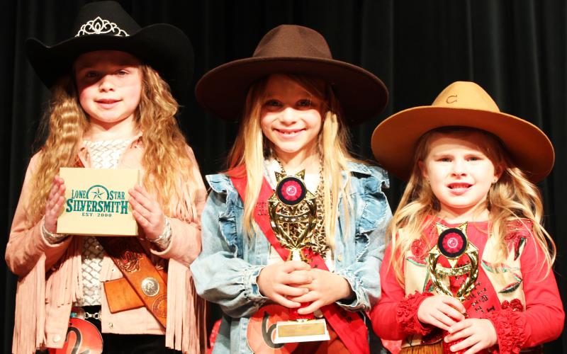 Sentinel Photo/Jessica Shepard MCFLA's 2024 Little Miss Cowgirl royalty court includes Little Miss Cowgirl Jentry Laslie; First Runnerup Morgan Joines; and Second Runnerup Kaitlyn Jones.