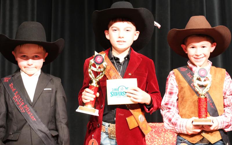 Sentinel Photo/Jessica Shepard MCFLA's 2024 Little Mister Cowboy royalty court includes Second Runnerup Laramie Hirst; Little Mister Cowboy Bransen Blaylock and First Runnerup Ayden Cruz.