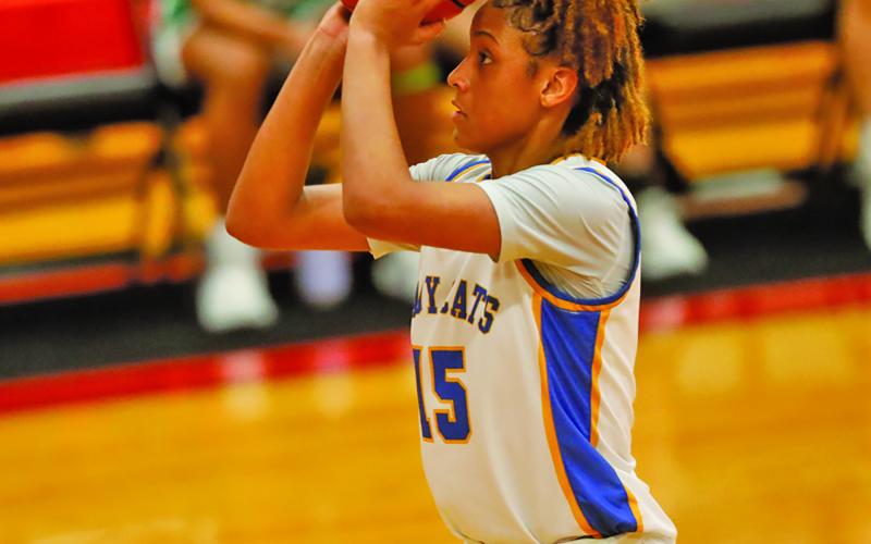 Photo courtesy of Victoria Advocate Bay City Ladycat Khylee Perry takes a shot.