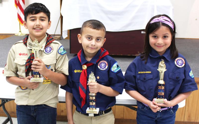 Sentinel Photo/ Jessica Shepard With the help of several anonymous judges, three winners were chosen at Cub Scout Pack 4545's annual cake auction fundraiser last Friday. Those three category-based winners are from left Liam Moya, Emerson Morris, and Frida Galvan - who placed in Most Unique, Judge's Choice, and Best Cubscout Theme respectively.