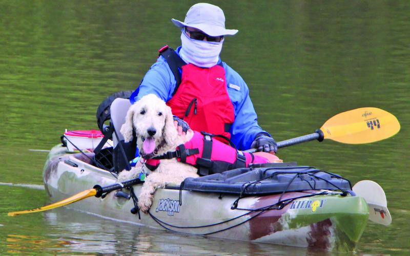 Sentinel Photo/Mike Reddell Not many paddlers have their own Labradoodle kayak companion like this one at Rally on the River Saturday.