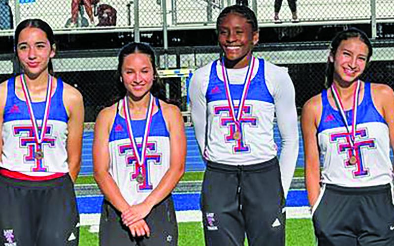 Contributed photo Tidehaven athletes are advancing to the area meet after competing at the district track meet. Above are Maleah, Melanie Sepulveda, Mary Johnson and Naomi Alameda who advance to area competition in the 4x100 relay. Johnson advances to area in the long jump, high jump, 100m, 200m and the 4x100 relay. Tidehaven boys advancing to area include Bryce Sliva in the pole vault and Jospeh Dodds in 100m.