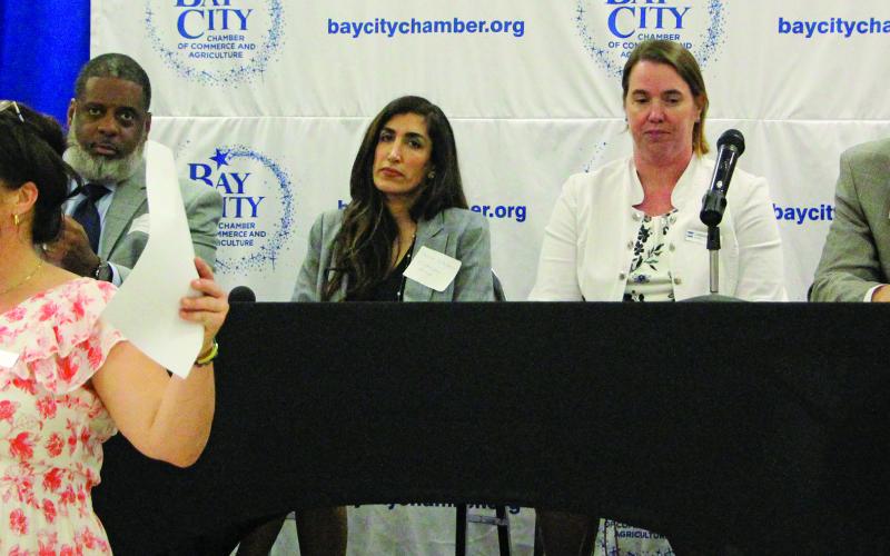 Sentinel Photo/Jessica Shepard BGE. Inc. Irrigation Specialist Whitney Milberger facilitated a question and answer segment as part of the Bay City Chamber of Commerce &amp; Agriculture's and Texas Water Development Board's "Regional Financial Assistance Workshop" on Thursday, June 27. Joining Millberger were professional panelists, from left, Juan Alexander, Shima Jalalipour, Lindsay Kovar, Jim Russ, and Keta Caballero (not pictured).