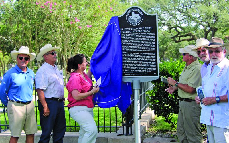 Sentinel Photo/Mike Reddell Descendants of the Abel Head “Shanghai” Pierce and Jonathan Edwards Pierce take part in dedicating a Texas Historical Marker for the brothers at Hawley Cemetery, near Blessing, Saturday, June 29.The brothers were business partners operating El Rancho Grande. Abel is credited with bringing large numbers of Brahman Cattle to Texas, while Jonathan developed the town of Blessing into a prosperous community.