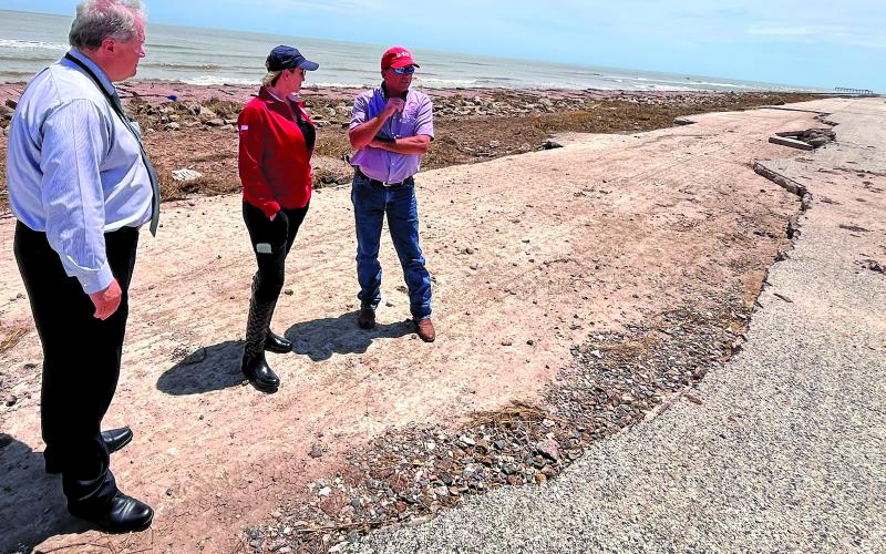 Photo courtesy of General Land Office Texas Land Commissioner Dawn Buckingham, center, examines the damage done by Hurricane Beryl on the Sargent Beach Road with County Judge Bobby Seiferman, left, and Precinct 2 Commissioner Mike Estlinbaum.