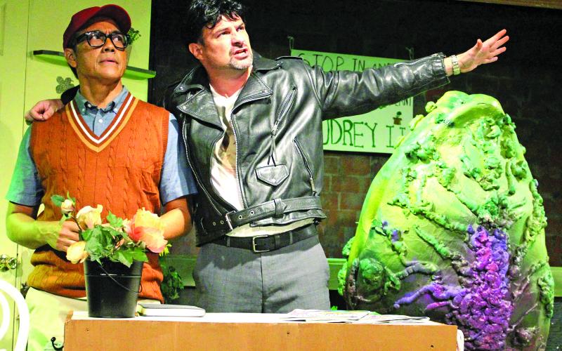Sentinel Photo/Jessica Shepard Seymour Krelborn (Ray Garcia) left, gets visibly uncomfortable listening to Dr. Orin Scrivello, DDS (Todd Bonny), right, trying to persuade him into a new partnership for more fame and notoriety of his Audrey 2 plant during CAST's press night Aug 1. That scene is one of many in the comedic musical "Little Shop of Horrors" being showcased this week Thursday-Saturday, Aug. 8-10.