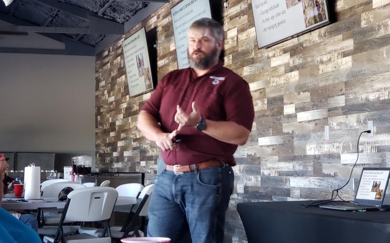 Sentinel Photo/Jessica Shepard Texas A&amp;M AgriLife Extension Wildlife Specialist Jacob Dykes talks about water resources at wildlife symposium last week.