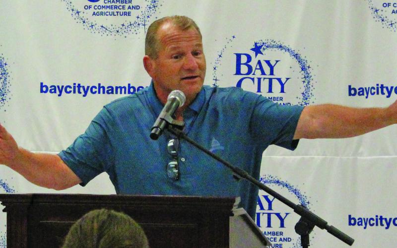 Sentinel Photo/Jessica Shepard District 22 Congressman Troy Nehls addresses over 110 attendees at the Bay City Chamber of Commerce &amp; Agriculture’s luncheon on Thursday, Aug. 22.