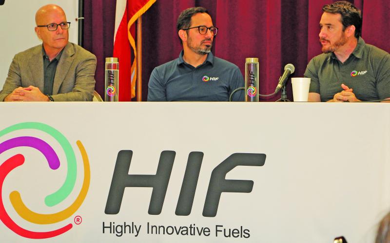 Sentinel Photo/Mike Reddell HIF-USA CEO Renato Pereira, Vice President of Project Execution Haytham Afifi and Community Affairs and Permitting Manager James Outtrim lead the latest update on the HIF-USA project during a luncheon at the Civic Center last Thursday.