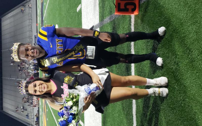 Sentinel Photo/Jessica Shepard The 2024 Bay City High School Homecoming royalty are Queen Ivette Perez and King Jada Andrews. They were crowned Oct. 11 at haltime of the Bay City-Floresville game, which the Blackcats won.
