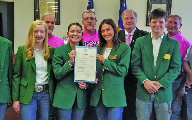 Sentinel Photo/Mike Reddell Commissioners Court approved a proclamation declaring Oct. 6-12, 2024, as National 4-H Week in Matagorda County at the court’s Oct. 7 meeting, and five young people in their green 4-H jackets were in attendance. They told the court of the many 4-H activities in Matagorda County for youngsters ranging in age from eight to 18. Those 4-H activities include raising cattle, food production, nutrition and community service.