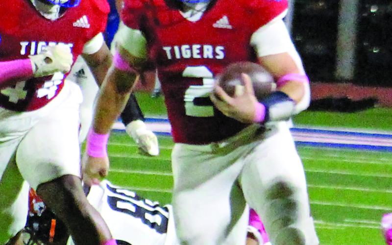 Sentinel Photo/Jessica Shepard Above right, Tiger Jachen Duran finds a hole and yardage for the Tigers.