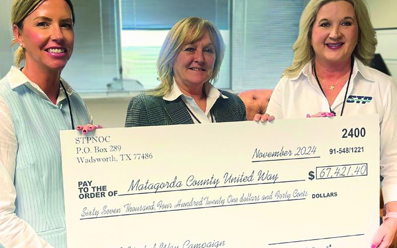 STP Photo STP Nuclear Operating Company employees raised an incredible $67,000 for Matagorda County United Way, making STP their largest contributor in 2024. Above are STP Vice President of Strategic Resources Savannah Cornelius, STP Chief Nuclear Officer Kym Harshaw, and Owner Liasion Heather Caddie-Mendiola with the donation check.