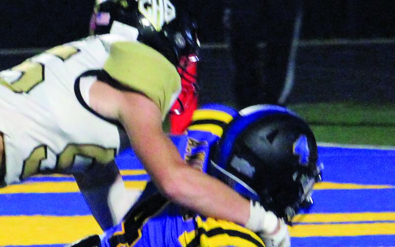 Sentinel Photo/Mike Reddell Blackcat sophomore Aiden Williams (4) hits paydirt with a  third-quarter touchdown agains the Sandcrabs.
