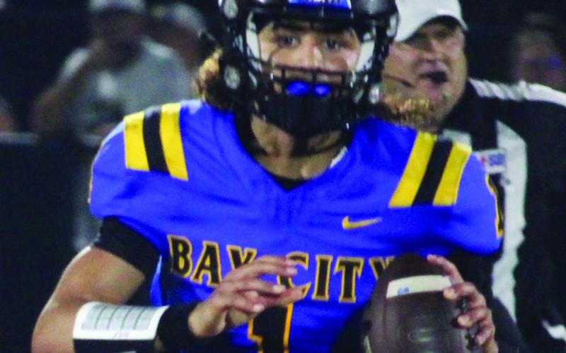 Sentinel Photo/Mike Reddell Blackcat senior quarterback Alex Estrada looks for a receiver, in his 351-yard passing night against Calhoun Friday.