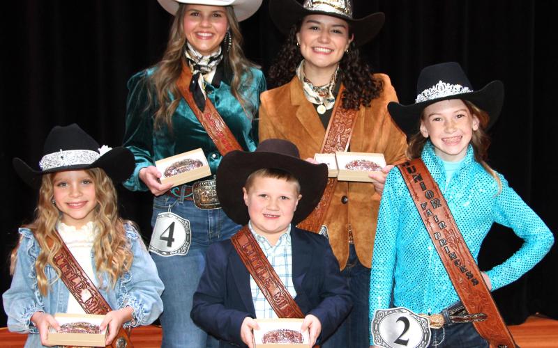 Sentinel Photo/Jessica Shepard MCFLA 2025 Fair Royalty winners are (above from front left): Little Miss Cowgirl Morgan Joines; Little Mister Cowboy winner Reid Hutson; Jr. Fair Princess Analyn Sutherland; (back left) Fair Princess Laynee Matchett; and Fair Queen Victoria Sliva.