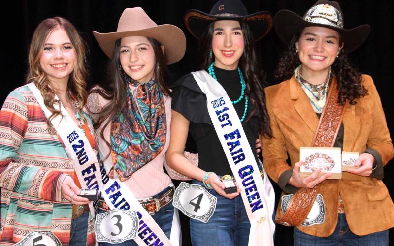 Bay City Sentinel Photo/Jessica Shepard The MCFLA 2025 Fair Queen royalty court includes second runnerup Lillyann Tucker; third runnerup Marley Jan Silva; first runnerup Karoline Murray; and Fair Queen Victoria Sliva