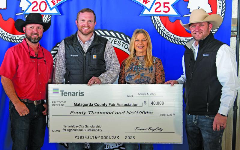 Contributed photo Showing off the check of $40,000 that TenarisBayCity made to Matagorda County Fair &amp; Livestock Association (MCFLA) for scholarships to benefit 37 students, were, from left: Brian Busby, president, MCFLA; Scott Savage, Tenaris Community and Regulatory Affairs manager; Leissa Schrader, Fair Manager, MCFLA; and Jason Gernand, Tenaris Industrial Relations director, US.