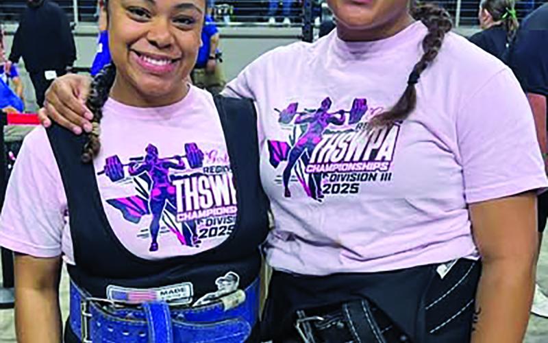 VVISD photo Van Vleck girls powerlifters Nevaeh Mangum, left, and Cerenity Gibson both placed third in their weight class at the state powerlifting championships.
