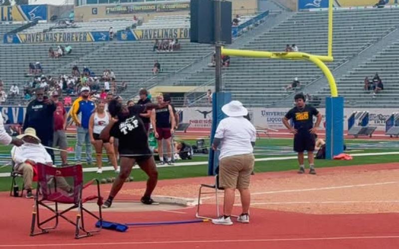 Above, Lady Cat shot putter Malorie Richardson-Clay made a throw of 42’ 6 1/2” to take the gold medal at Regionals in Kingsville last week and qualify for state.  BCISD photo