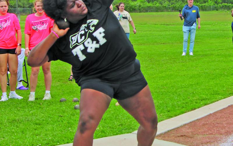 Sentinel Photo/Mike Reddell BCHS girls shot put athlete Malorie Richardson prepares her put at last week’s district track meet, where she was District Champion and set a new school record of 43"3'.