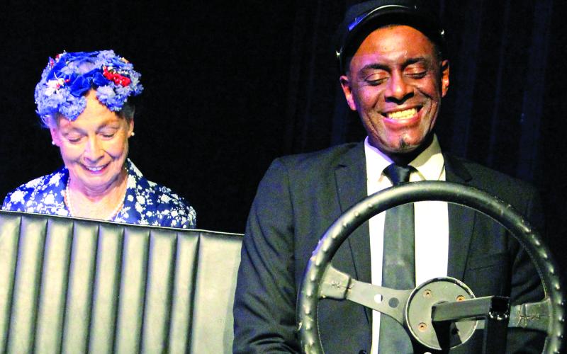 Sentinel Photo/Jessica Shepard Miss Daisy Werthan (Clare Costantini) and Hoke Coleburn (Patrick Wiggins) share a chuckle before starting their trip to the grocery store during CAST's "Driving Miss Daisy" production on Sunday, May 4. Tickets are available for the play's last weekend at https://casttx.booktix.com/dept/CAST/e/DmD.