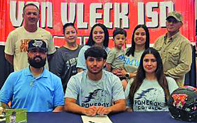 VVISD photo Van Vleck senior Daiten Garza signed in front of his family and school community to continue his football career at Saint Mary of the Woods College in Indiana at recent commitment ceremonies.