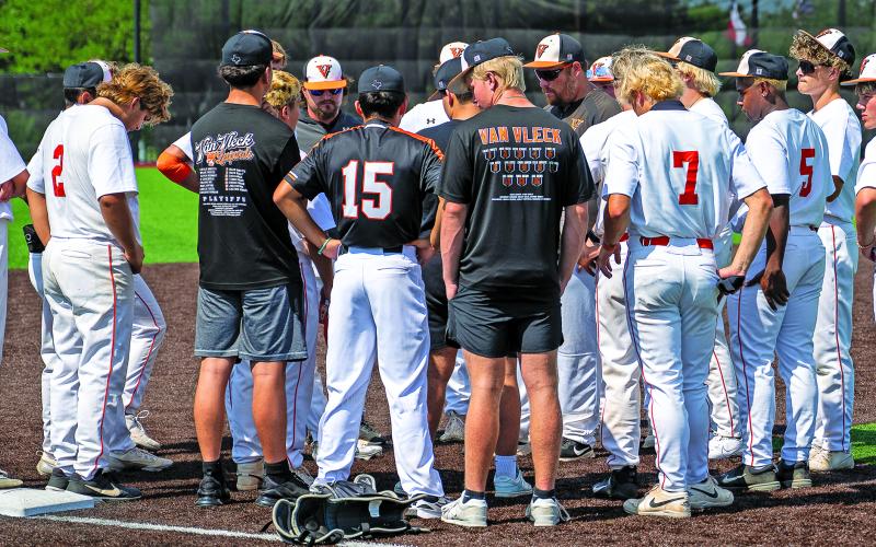 The Van Vleck Leopard had a pre-game pep talk before losing game #2 Area 3A D1 playoffs with Orangefield Bobcats at Baytown Lee ISD Herrington Field last week.  Photo/ Don Monroe