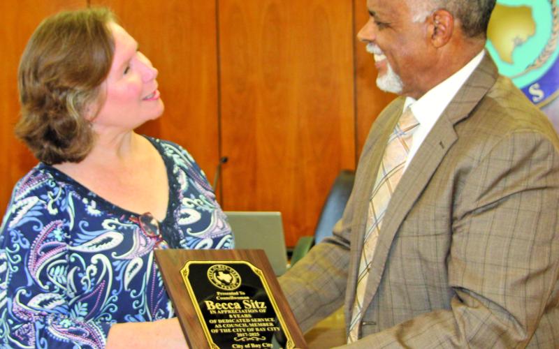 At its June 10 regular meeting, City Council recognized Becca Sitz for her years of service to the City of Bay City as a council member. At the meeting Mayor Robert Nelson presented a plaque to Sitz that reflected her contribution to the city. Sentinel Photo/Mike Reddell