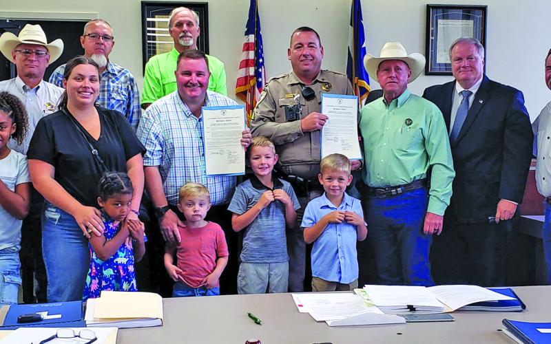 Sentinel Photo/Jessica Shepard Commissioners recognized Matagorda County Sheriff’s Office Sergeant Jeremy Nash and Deputy Matthew Martin for their life saving efforts on a Van Vleck woman in May on Monday, July 7.
