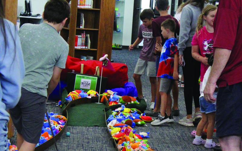 Sentinel Photo/Jessica Shepard Friends of the Bay City Public Library brought back their "Library Mini Golf" fundraiser on Tuesday, July 22. Children and adults of all ages took shots through winding fairways and obstacles ranging from stuffed animals to angled tracks and ramps and a vibrant fairway finish line, above, that promised the winner's choice of plush toys with a hole-in-one.