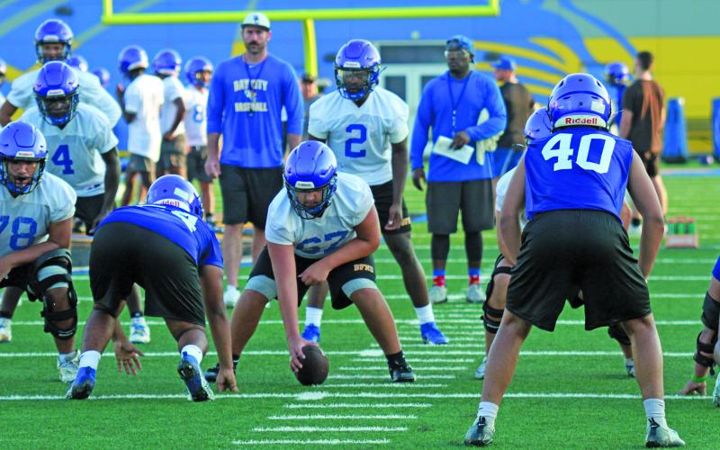 Photo by Anna Hernandez Blackcats go through the drills last week at two-a-days. Bay City will scrimmage Wharton there next Friday Aug. 15, at 6:30 p.m.