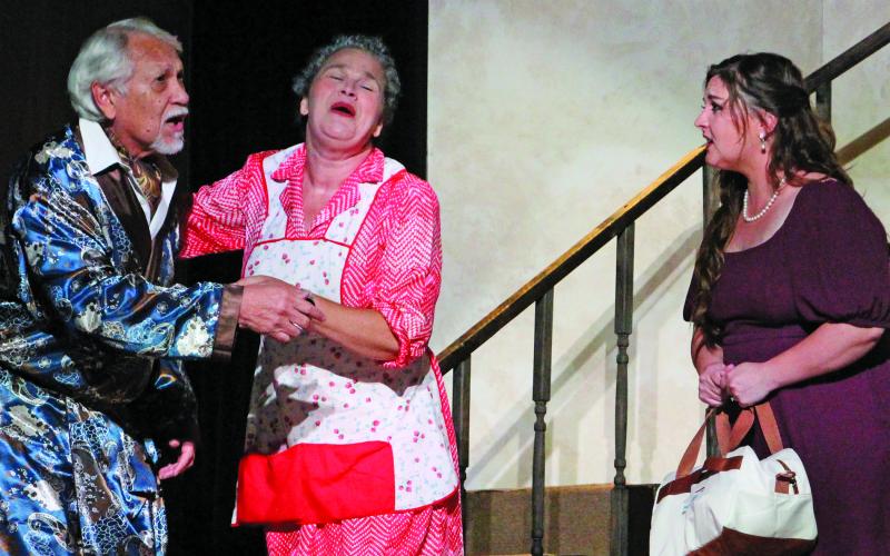 Sentinel Photo/Jessica Shepard Steven Reis, Magda Mirelez, and Kristen Buckley share a spirited moment during Community Actors of South Texas' (CAST) press night performance last week. There is still time to purchase tickets for this weekend's showcase starting at 7 p.m. Thursday-Saturday, Aug. 7-9 and at 2 p.m. on Sunday, Aug. 10. Tickets are available at https://casttx.booktix.com/dept/CAST/e/NOff.