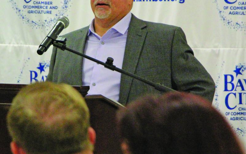 Sentinel Photo/Jessica Shepard BCISD Superintendent Chris Townsend addresses chamber breakfast for new teachers.