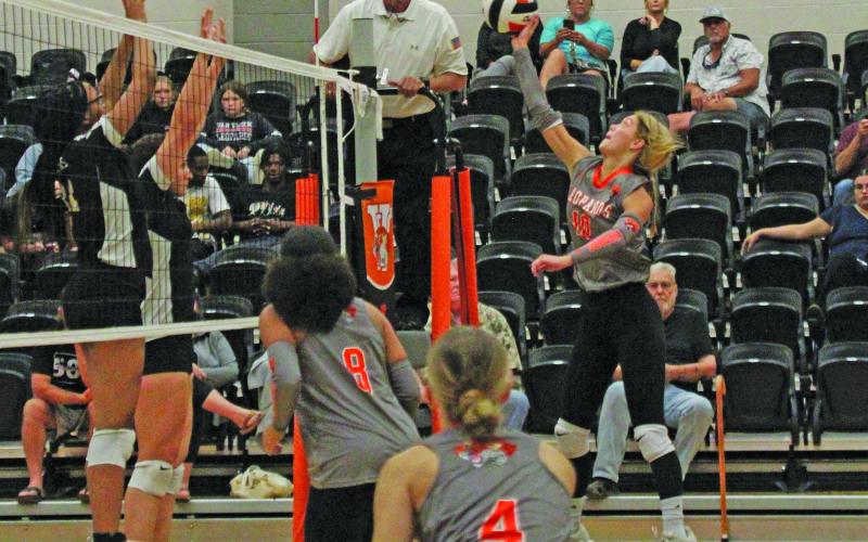 Photo by Anna Hernandez Van Vleck’s Isabella van Drutten (10) hits the ball over the net during Friday night's volleyball game against Malakoff.