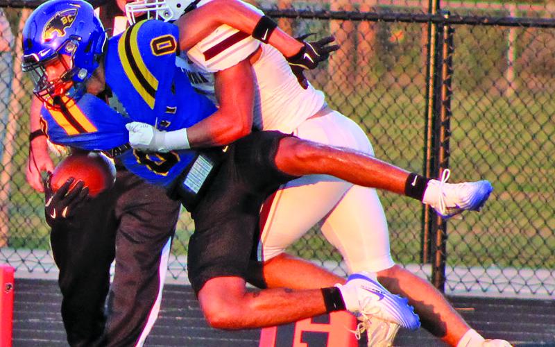 Sentinel Photo/Mike Reddell Senior wide receiver Adrian Molina (0) lunges across the goal (2) in a 31-yard pass play from junior Keimarion Williams.