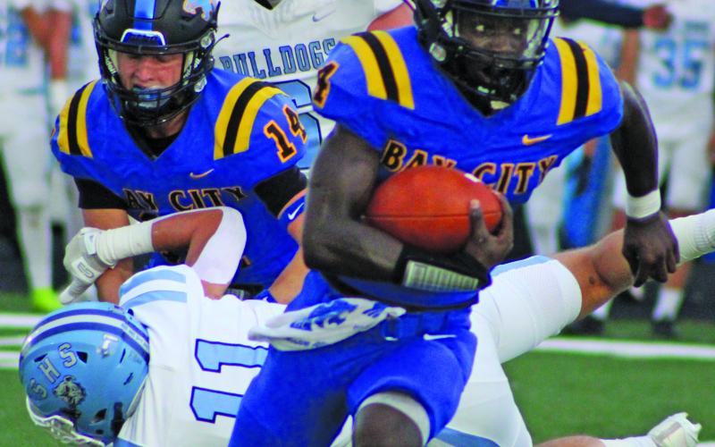 Sentinel Photo/Mike Reddell Blackcat junior running back Aiden Williams (4) was the leading rushing in the Blackcat victory over Sweeny.