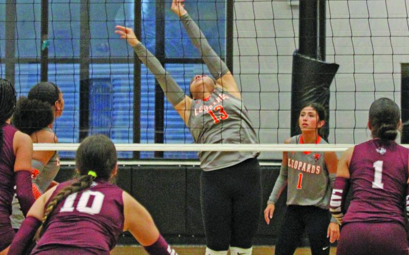 Photo by Anna Hernandez Van Vleck’s Angela Monroy (13) tips the ball in the direction for a teammate to spike the ball, in a recent game with Columbia.