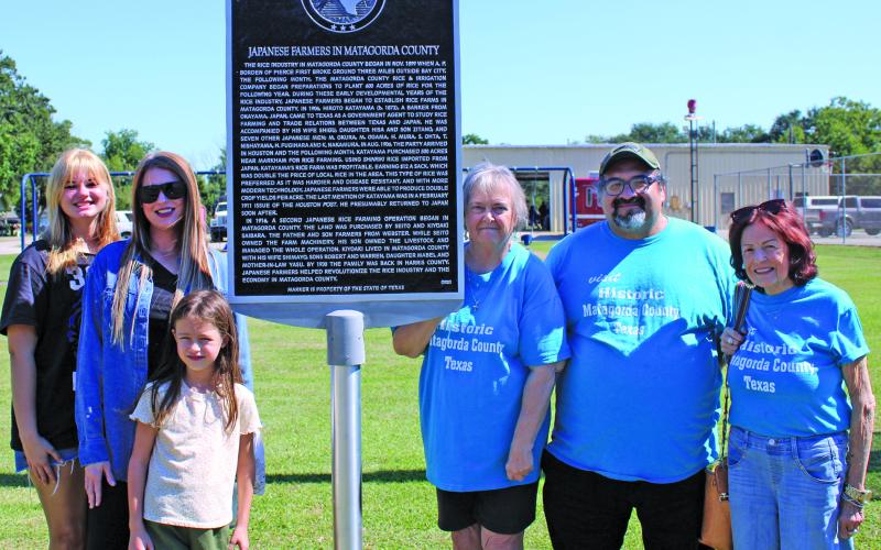 Sentinel Photo/Mike Reddell Matagorda County Historical Commission dedicated a Texas Historical Marker at Markham Community Center Saturday, Oct. 11. Taking part in the ceremony were, from left: Lucille Frick, Kristi Lee, Olivia Lee, Faye Cunningham, Jacob Rodriguez and Linda Cartwright.
