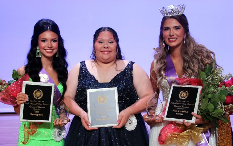 Sentinel photo/Jessica Shepard 2025 Rice Festival special awards were presented to Savannah Remmy for Miss Photogenic, Penelope Maldonado for Miss Congeniality, and Marin Bolton for Best Evening Gown.