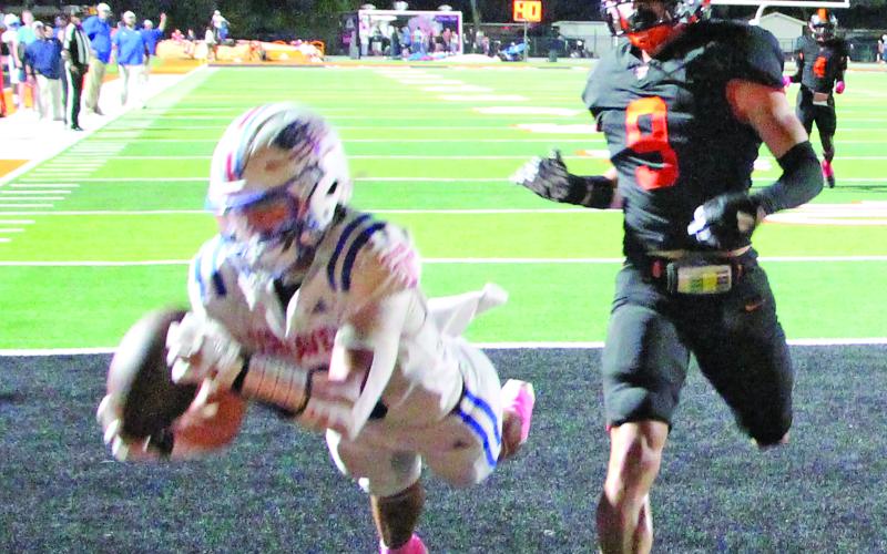 Sentinel Photo/Jessica Shepard Tidehaven senior wide receiver TJ Galvan (3) grabs a touchdown pass against Van Vleck Friday night.