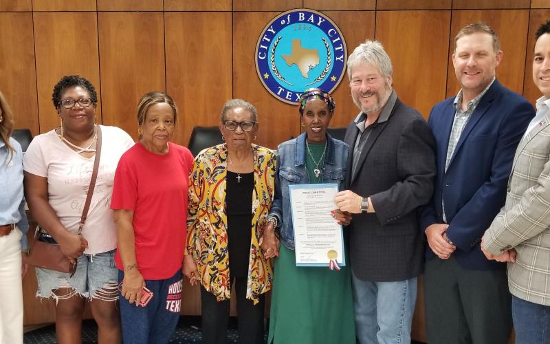 Sentinel Photo/Mike Reddell  Council delares a “Priscilla Ann Robinson Day,”- the longtime Bay City school trustee was photographed with Bay City ISD officials and school board members, as well as City Council and City Staff.