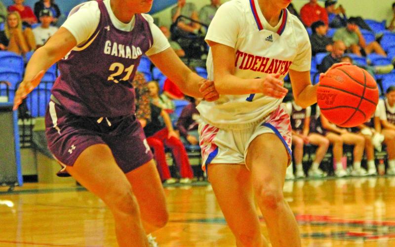 Photo/Anna Hernandez Tidehaven Tigerette Naomi Alameda uses some quick moves on her way to the rim with the Ganado player right behind her.