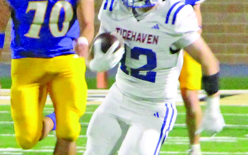Sentinel Photo/MaLinda Reddell Junior wide receiver Ashton Klaiber (12) breaks away from Comfort defenders for a significant Tiger gain.