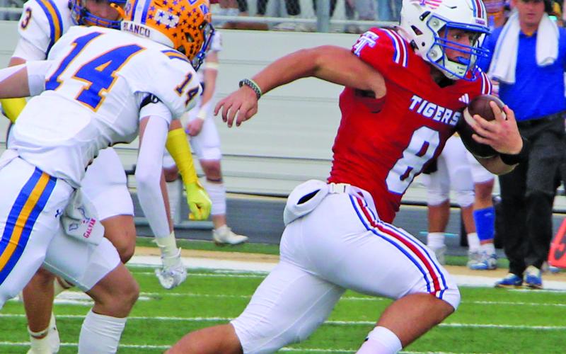 Sentinel Photo/MaLinda Reddell Senior Tiger quarterback Kale Russell (8) races away from Blanco defenders in the regional contest last Friday.